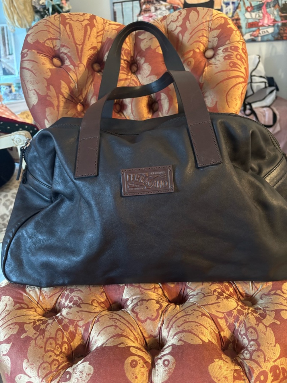 Salvatore Ferragamo Black Leather Duffel with Dark Brown Handles